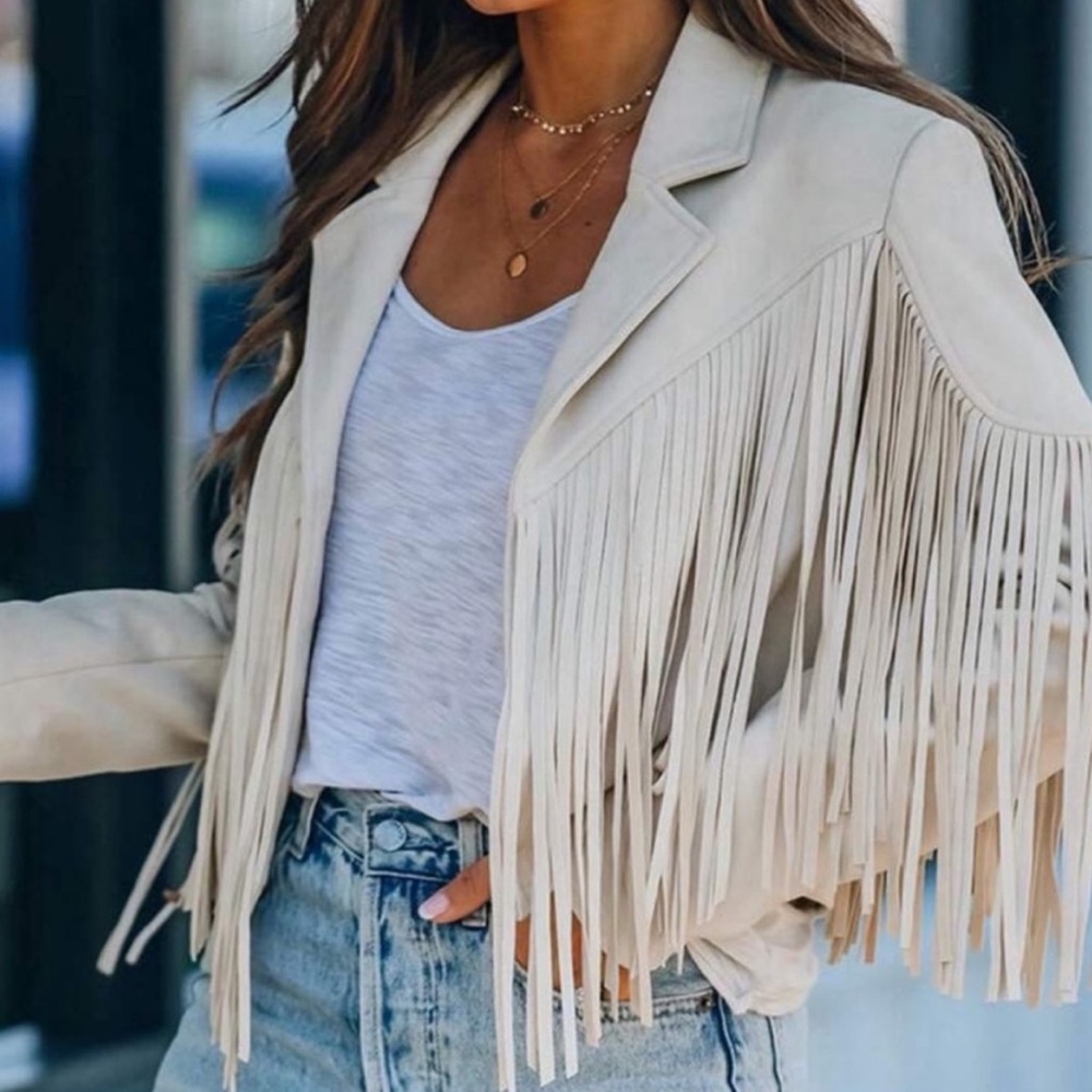 White Long Sleeve Fringe Open Front Faux Suede Moto Jacket *NEW*